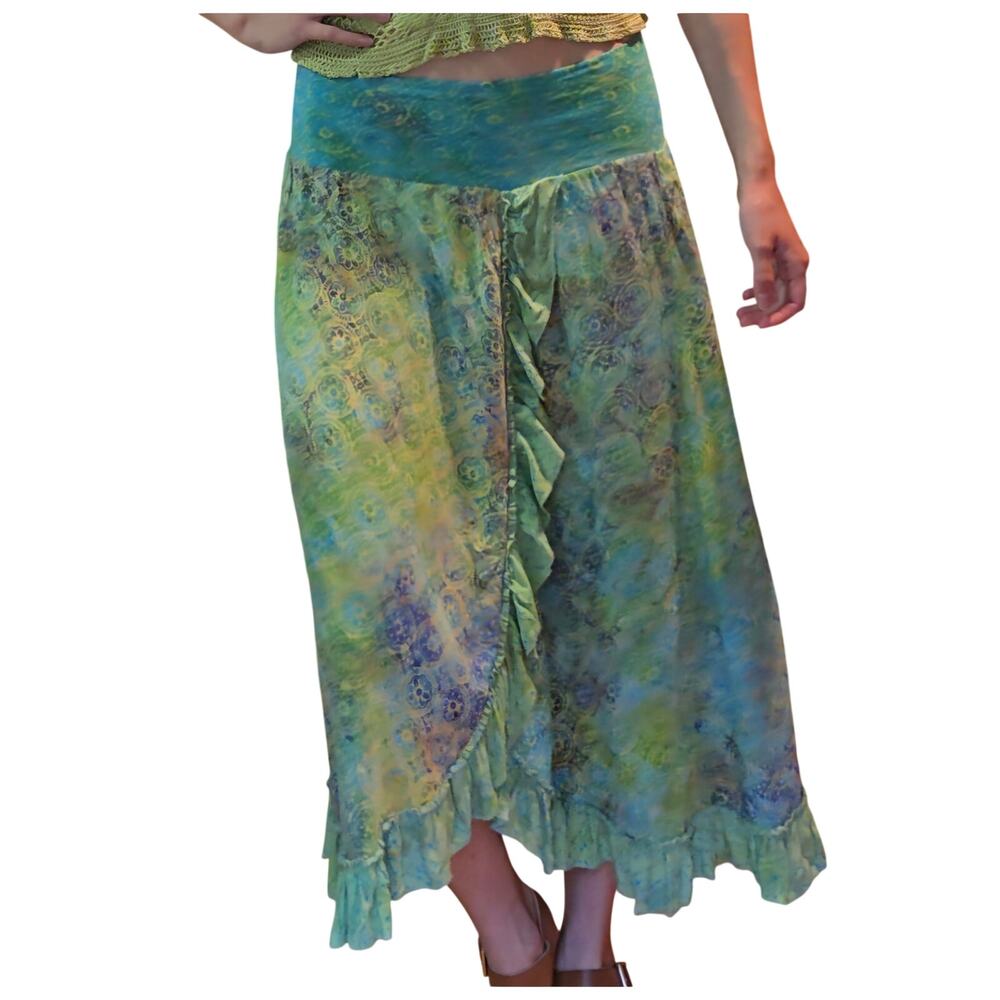 Boho Santiki Green Blue Tie Dye Mandela Ruffle Maxi Skirt Size Large
